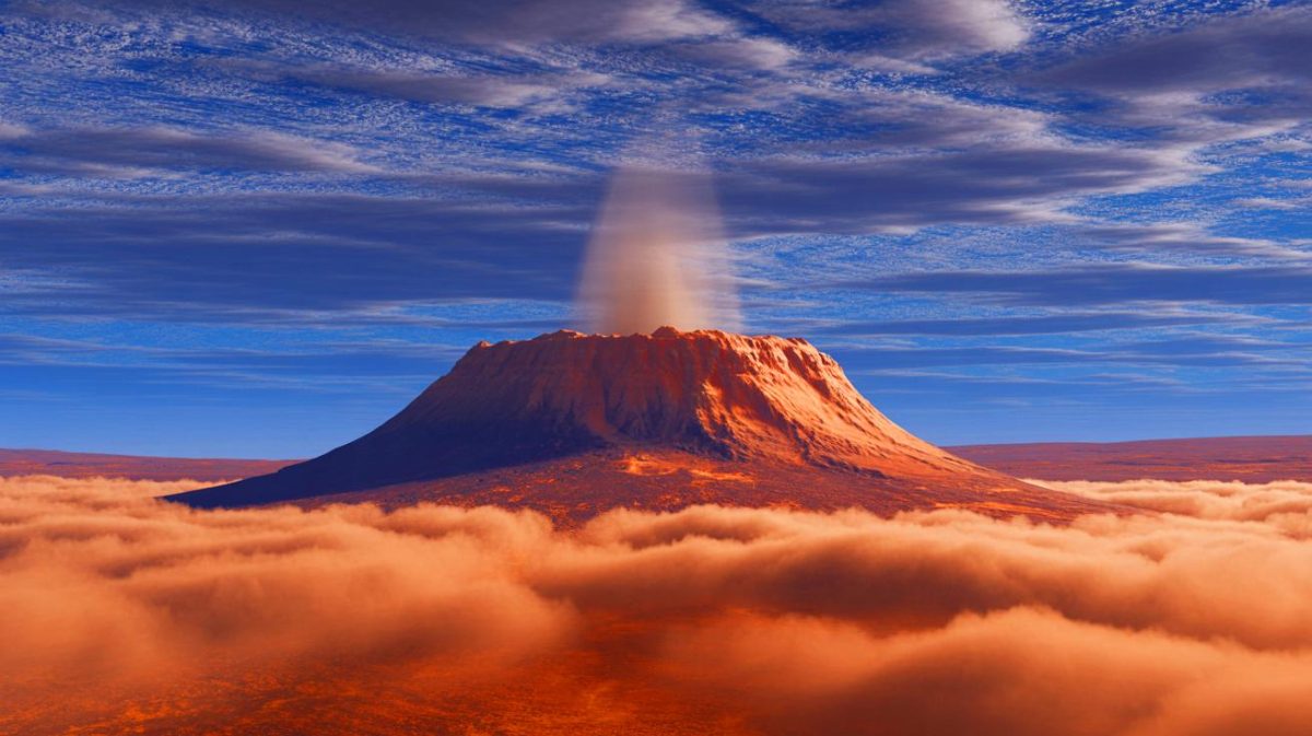 Illustration de Arsia Mons, un volcan martien émergeant des nuages. Image réalisée par IA.