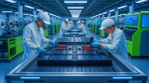 Illustration de la réutilisation des batteries lithium usagées pour un stockage d'énergie durable. Image réalisée par IA.