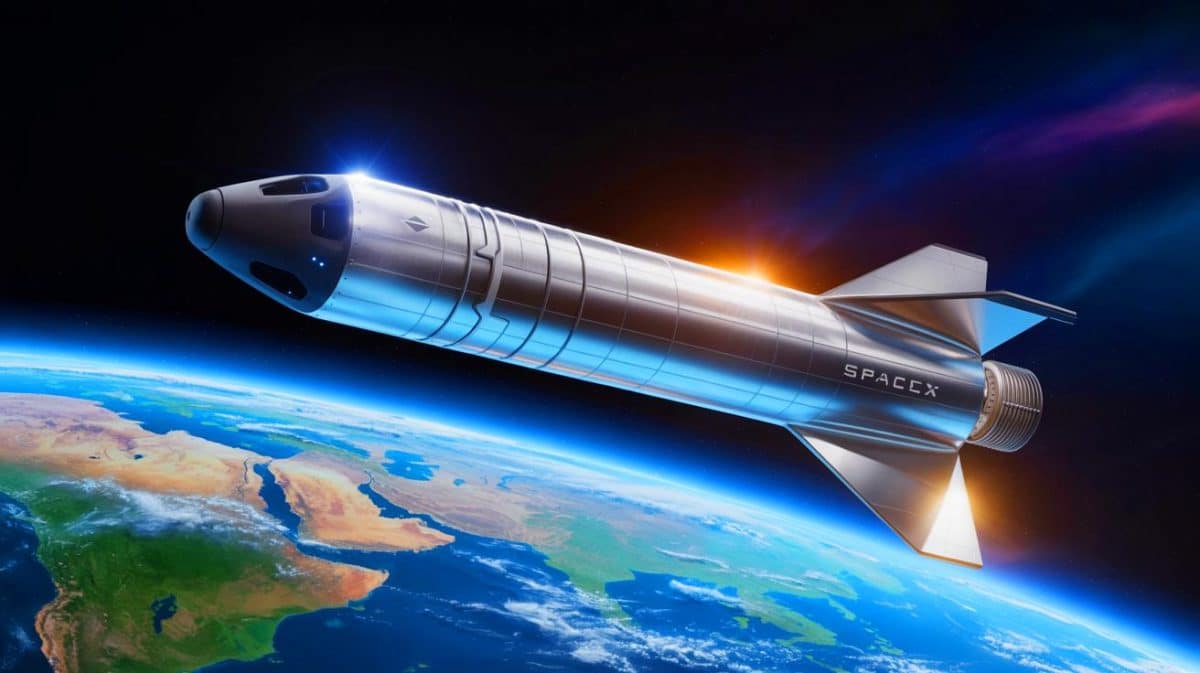 Illustration de l'avancée technologique du Starship de SpaceX dans l'espace. Image réalisée par IA.