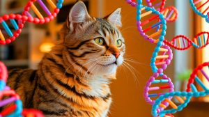 Illustration de l'étude des gènes influençant le ronronnement chez les chats. Image réalisée par IA.