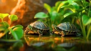 Illustration de la naissance rare de deux tortues "Melanochelys tricarinata" en captivité en Corse. Image réalisée par IA.