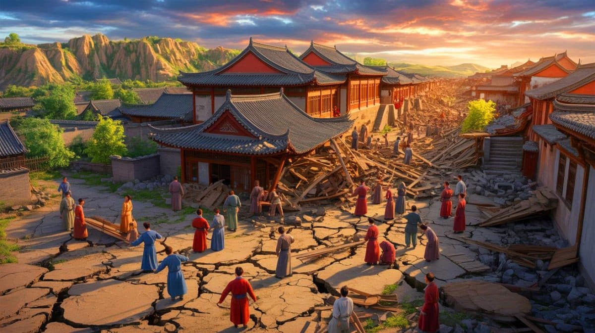 Illustration de l'impact dévastateur du séisme de 1556 en Chine. Image réalisée par IA.