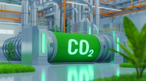 Illustration de la transformation du CO₂ en ingrédients pour ciment. Image réalisée par IA.