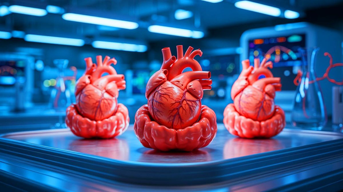 Illustration de mini-cœurs humains cultivés dans des embryons de porc. Image réalisée par IA.