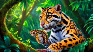 Illustration de la panthère nébuleuse capturée en train de chasser un loris lent du Bengale. Image réalisée par IA.