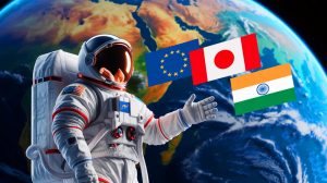 Illustration de Thomas Pesquet discutant des alliances spatiales de l'Europe avec le Japon, le Canada et l'Inde. Image réalisée par IA.
