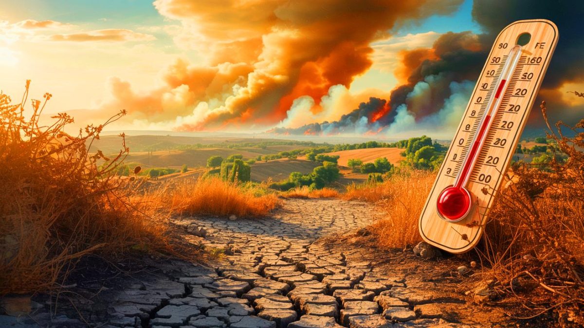 Illustration de la canicule inédite en Europe avec des températures extrêmes et des incendies. Image réalisée par IA.