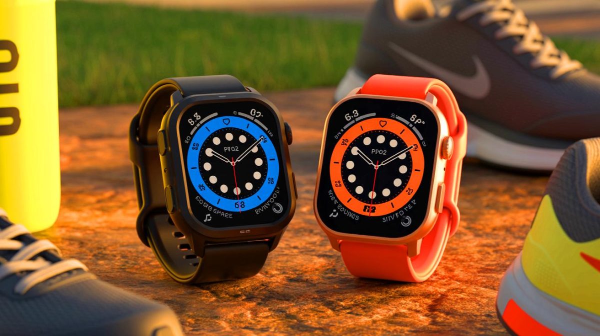 Illustration de deux montres connectées sportives Mibro GS Pro2 et GS Active2. Image réalisée par IA.