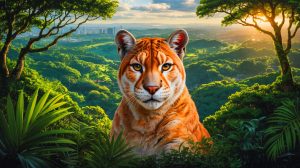 Illustration de pumas dans leur habitat naturel menacé par l'urbanisation. Image réalisée par IA.