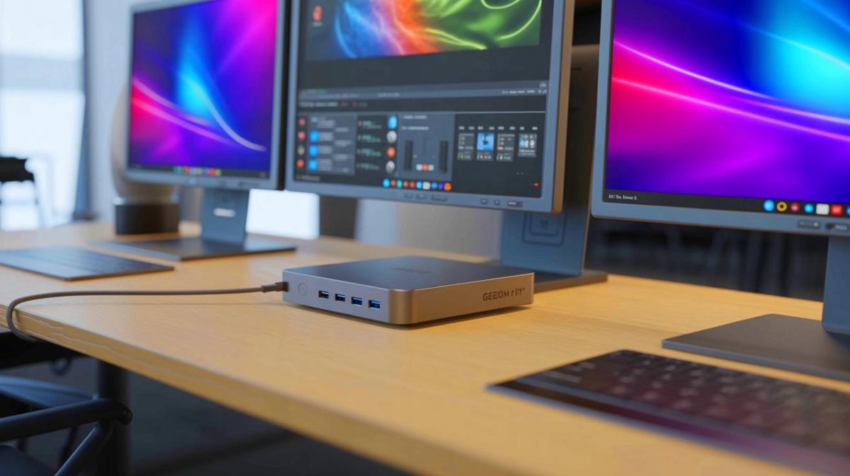 Illustration de la puissance et de l'élégance du mini-PC Geekom Mini IT12 version 2025. Image réalisée par IA.