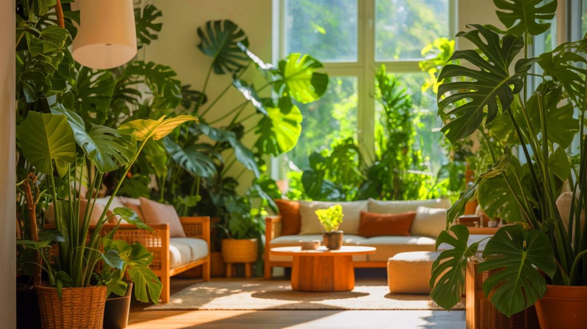 Illustration de plantes d'intérieur rafraîchissant un logement pendant une vague de chaleur. Image réalisée par IA.