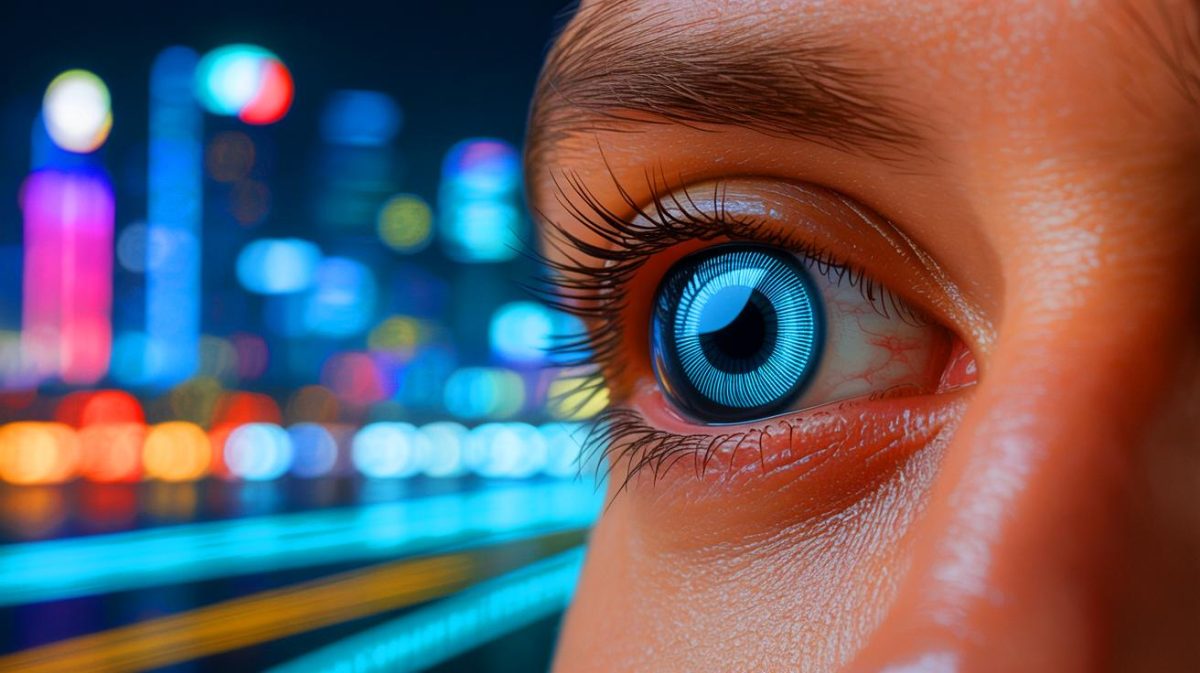 Illustration de lentilles de contact permettant de voir l'infrarouge. Image réalisée par IA.