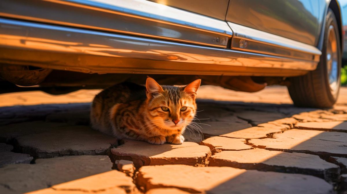 Illustration de chats cherchant refuge sous une voiture en été pour se protéger de la chaleur. Image réalisée par IA.
