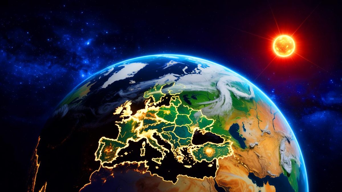 Alerte canicule et aphélie : ce phénomène astronomique exacerbe le vieillissement mondial selon des experts en sciences Illustration de la Terre à son aphélie, avec le Soleil et d'autres corps célestes en arrière-plan. Image réalisée par IA.