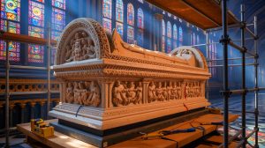 Illustration de la restauration du sarcophage d’Otton Ier dans la cathédrale de Magdebourg. Image réalisée par IA.