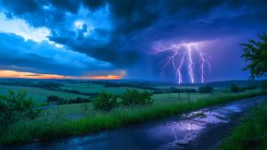 Illustration de violents orages avec fortes précipitations et activité électrique, générée par intelligence artificielle.