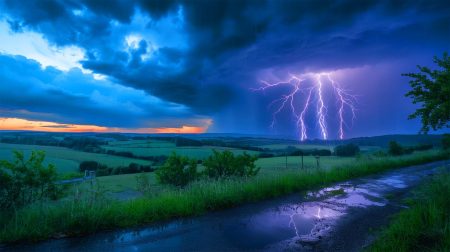 Illustration de violents orages avec fortes précipitations et activité électrique, générée par intelligence artificielle.
