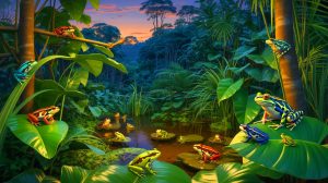 Illustration de l'exploration de la biodiversité des grenouilles dans la jungle de Bornéo. Image réalisée par IA.
