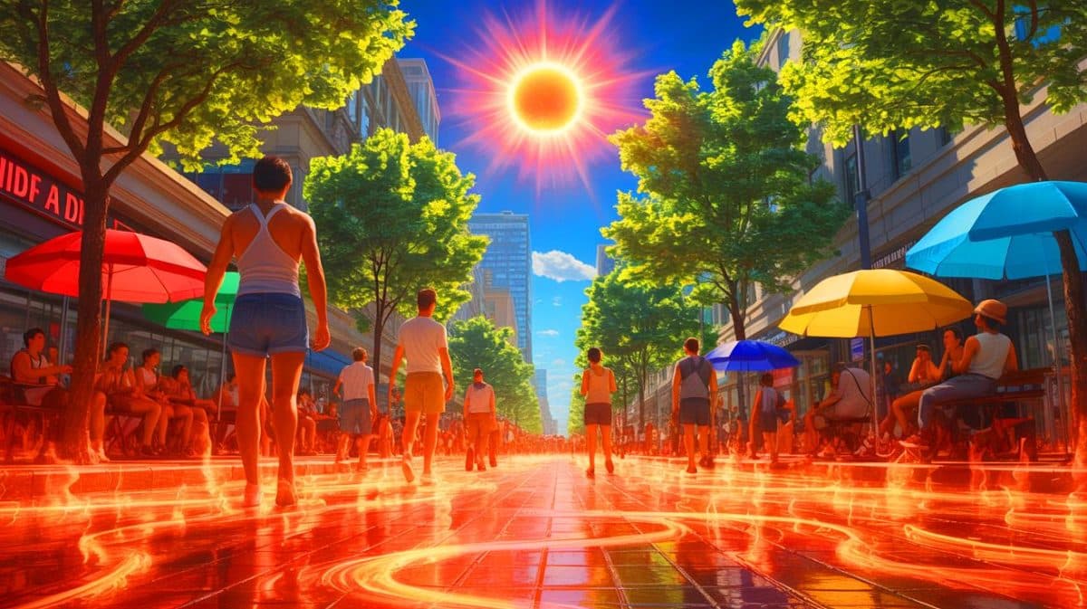 Canicule dévastatrice : découvrez comment cette vague de chaleur extrême menace notre santé et notre environnement cet été Illustration de l'impact des vagues de chaleur et du réchauffement climatique sur notre quotidien. Image réalisée par IA.