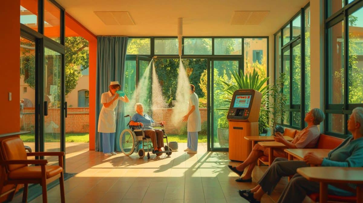 Illustration de l'intérieur de l'hôpital gériatrique Pierre Garraud à Lyon pendant la canicule. Image réalisée par IA.