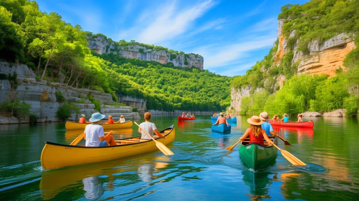 Illustration de la régulation du trafic des canoës dans les Gorges de l'Ardèche grâce à l'application Canoë Malin, générée par intelligence artificielle.