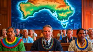 Illustration de la lutte des Aborigènes du détroit de Torres devant la justice australienne, générée par intelligence artificielle.