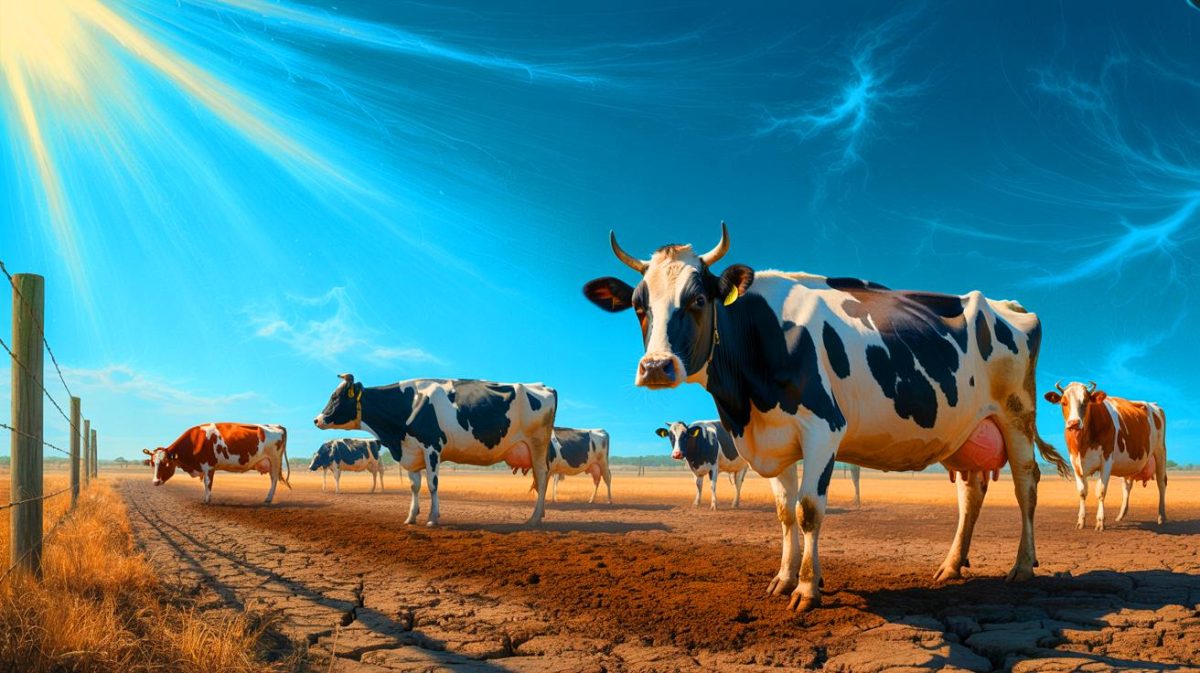 Illustration de l'impact du réchauffement climatique sur la production laitière, générée par intelligence artificielle.