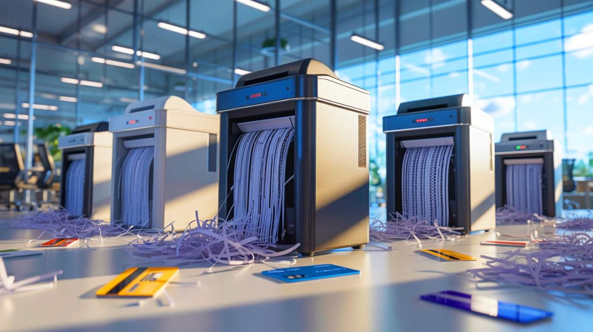 Illustration de destructeurs de papier innovants et performants pour un usage sécurisé, générée par intelligence artificielle.