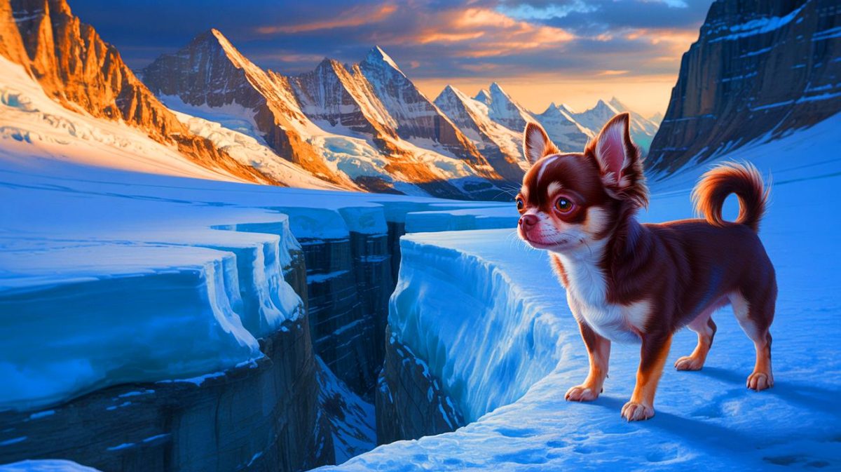 Illustration d'un chihuahua héroïque sauvant son maître tombé dans une crevasse, générée par intelligence artificielle.