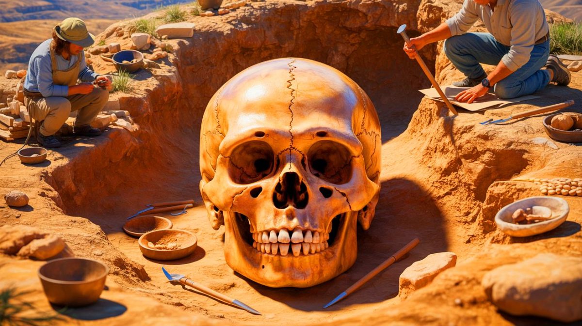 Illustration de la découverte d'un crâne d'enfant mêlant traits Homo sapiens et Néandertalien, générée par intelligence artificielle.