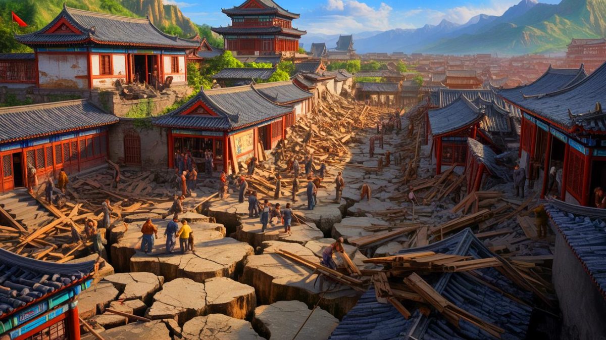 Illustration de l'impact dévastateur du séisme de 1556 en Chine, générée par intelligence artificielle.