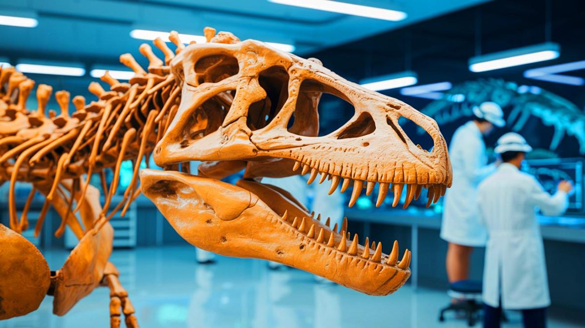 Illustration de la découverte de protéines fossilisées dans un dinosaure du Crétacé. Image réalisée par IA.