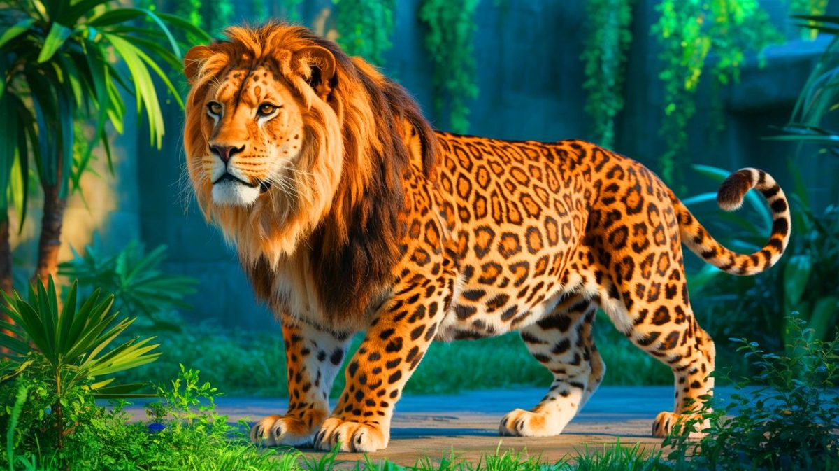 Illustration d'un léopon, hybride entre un léopard et une lionne. Image réalisée par IA.