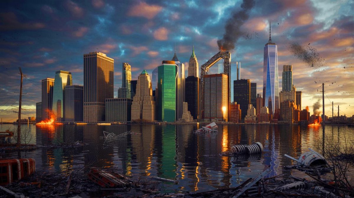Illustration de la ville de New York détruite par une attaque nucléaire, générée par intelligence artificielle.