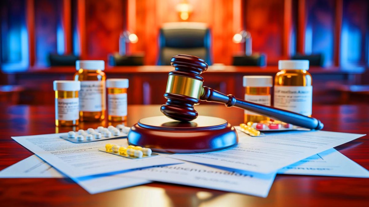 Illustration de la condamnation d'un médecin pour des prescriptions abusives de prégabaline, générée par intelligence artificielle.