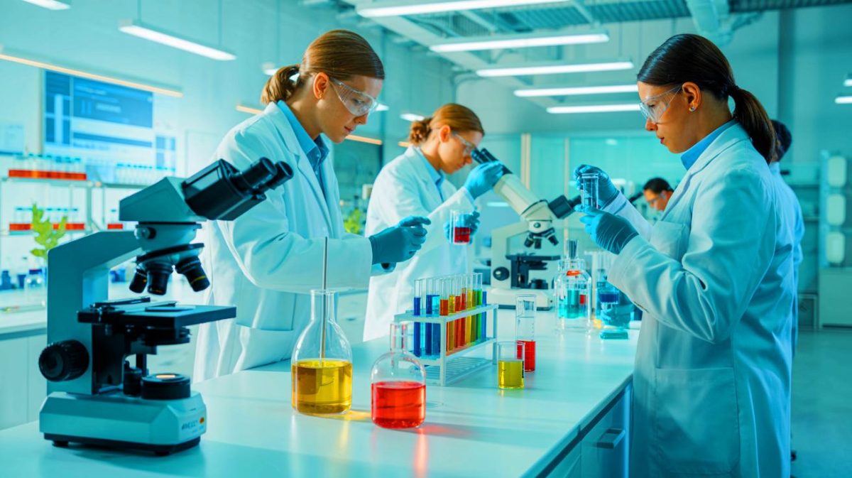 Illustration de la lutte contre les médicaments falsifiés dans un laboratoire de Sanofi, générée par intelligence artificielle.