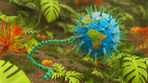 Illustration de l'impact potentiel d'un microbe artificiel sur l'équilibre écologique mondial, générée par intelligence artificielle.