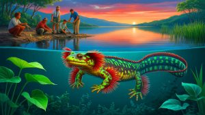 Illustration de l'alliance entre scientifiques et indigènes pour la sauvegarde de l'achoque, salamandre menacée d'extinction, générée par intelligence artificielle.
