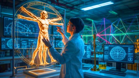 Illustration de l'Homme de Vitruve de Léonard de Vinci avec des annotations mathématiques, générée par intelligence artificielle.
