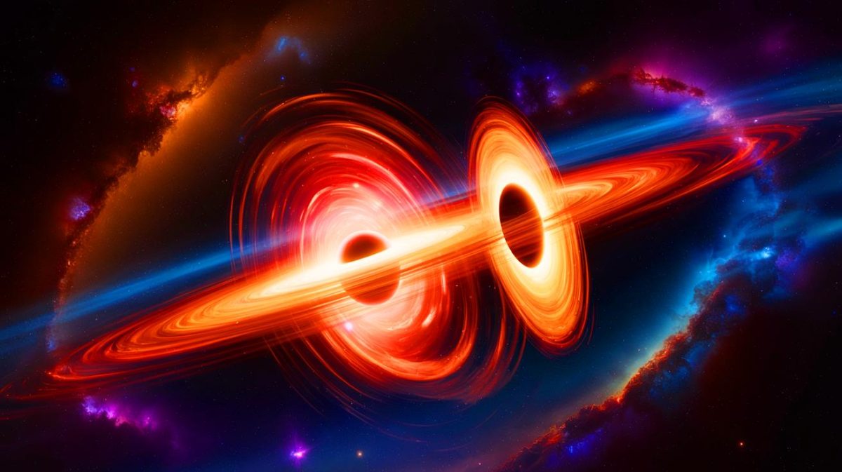 Illustration de la fusion massive de deux trous noirs, générée par intelligence artificielle.