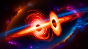 Illustration de la fusion massive de deux trous noirs, générée par intelligence artificielle.