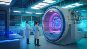 Illustration de la découverte du seaborgium-257, un isotope super-lourd, générée par intelligence artificielle.