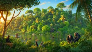 Illustration de l'île de Tiwai en Sierra Leone, un sanctuaire de biodiversité, générée par intelligence artificielle.