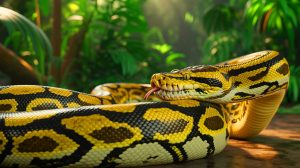 Illustration de la digestion complète des proies par les pythons birmans, générée par intelligence artificielle.