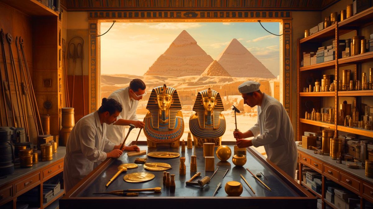 Illustration de la restauration des trésors de Toutankhamon par des experts égyptiens, générée par intelligence artificielle.