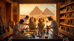 Illustration de la restauration des trésors de Toutankhamon par des experts égyptiens, générée par intelligence artificielle.