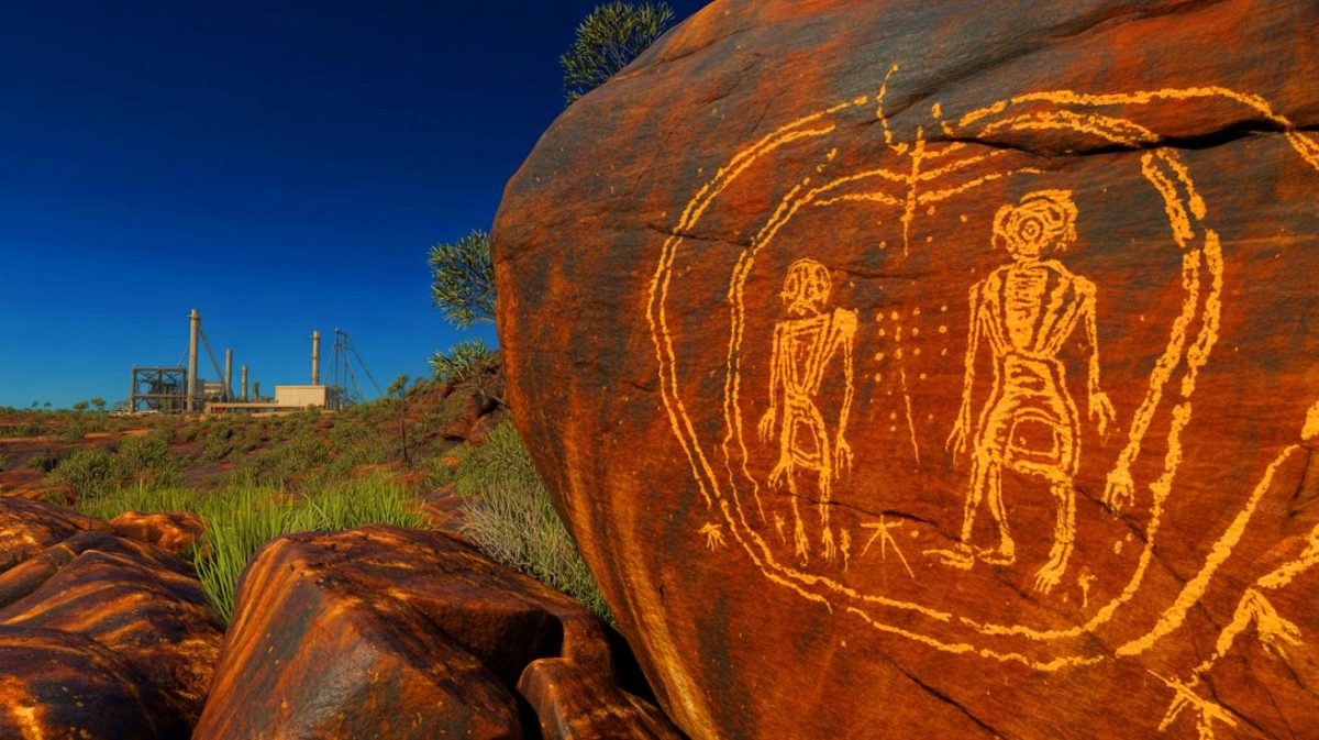 Illustration de la lutte des Aborigènes pour la protection du site de Murujuga, générée par intelligence artificielle.