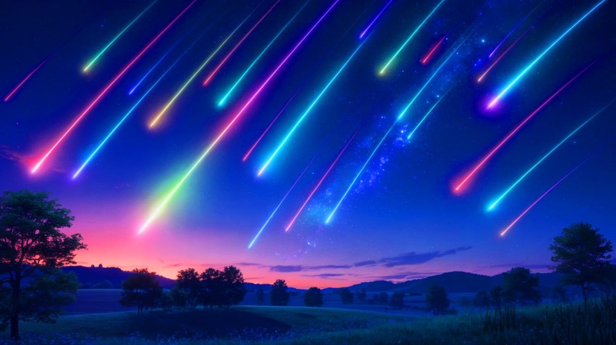 Illustration de la pluie d'étoiles filantes des Perséides dans le ciel nocturne, générée par intelligence artificielle.