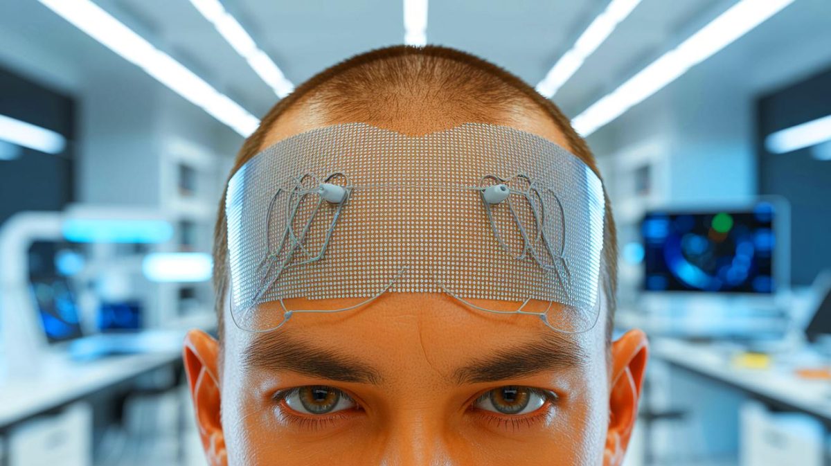 Illustration de l'utilisation d'un tatouage électronique pour mesurer l'activité cérébrale, générée par intelligence artificielle.