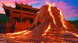 Illustration de l'éruption d'un volcan de boue devant un temple à Taïwan, générée par intelligence artificielle.